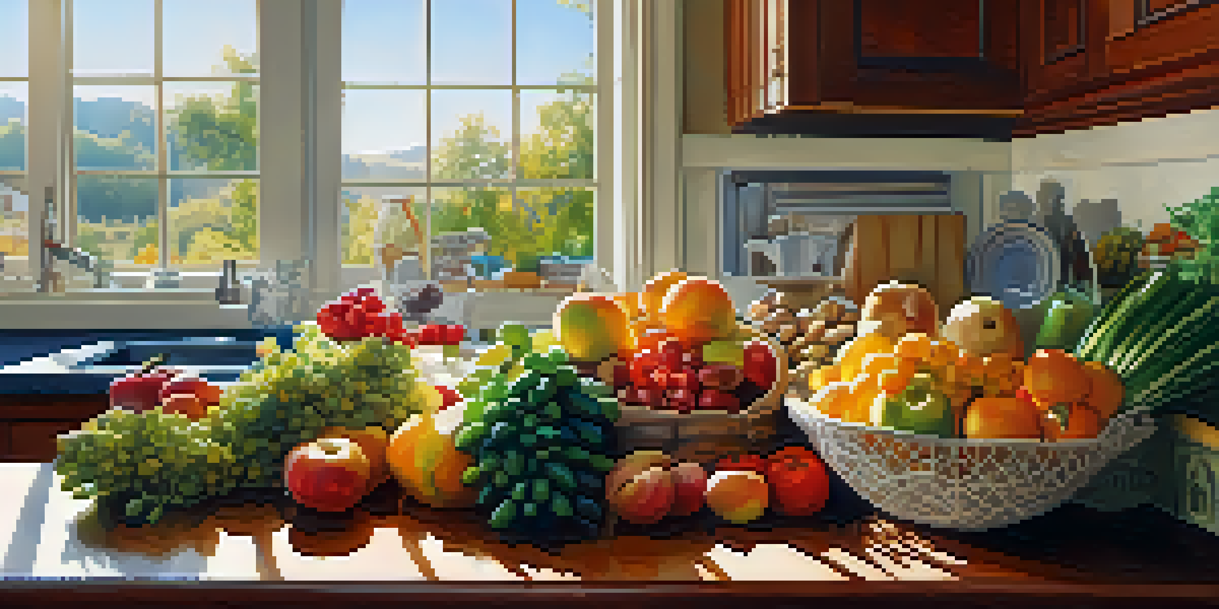 A kitchen countertop adorned with a variety of fresh fruits, vegetables, whole grains, and nuts, illuminated by gentle morning sunlight.