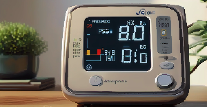 A hand holding a digital blood pressure monitor in a softly lit room with a wooden table and a potted plant in the background.