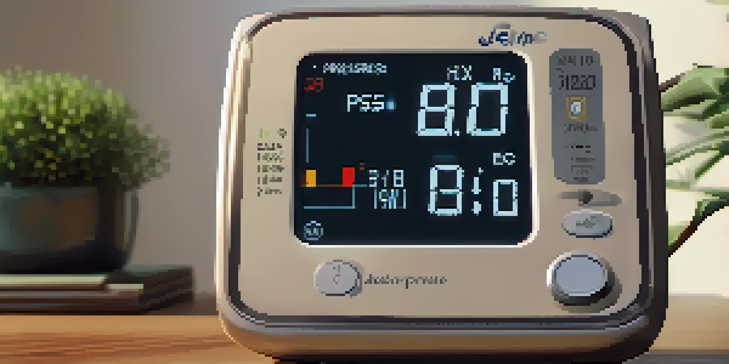 A hand holding a digital blood pressure monitor in a softly lit room with a wooden table and a potted plant in the background.