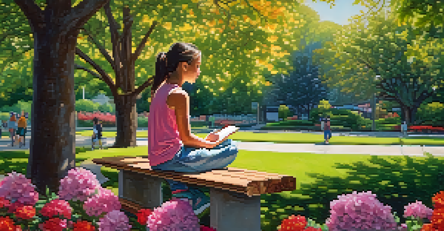 A student sitting on a bench, observing a flower in a beautiful garden with sunlight filtering through trees.