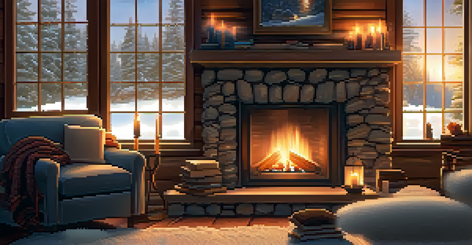 A cozy cabin with a warm fireplace, comfortable seating, and a snowy landscape outside, providing a sense of relaxation and comfort.