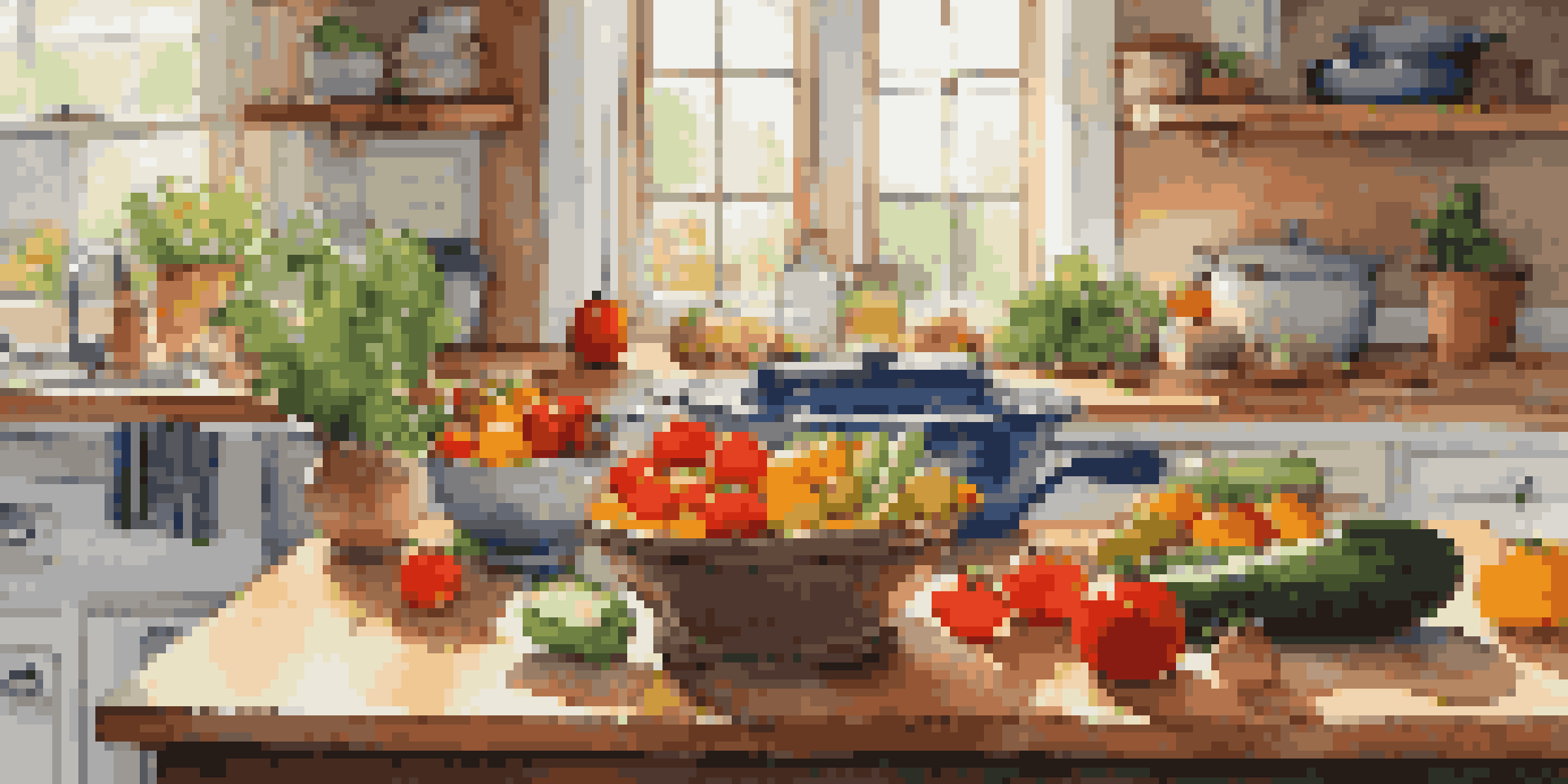 A bright kitchen filled with fresh seasonal vegetables on a countertop, with sunlight streaming through a window and cooking gadgets in the background.