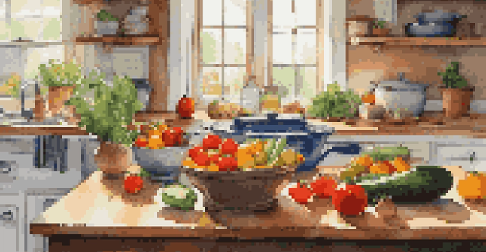 A bright kitchen filled with fresh seasonal vegetables on a countertop, with sunlight streaming through a window and cooking gadgets in the background.