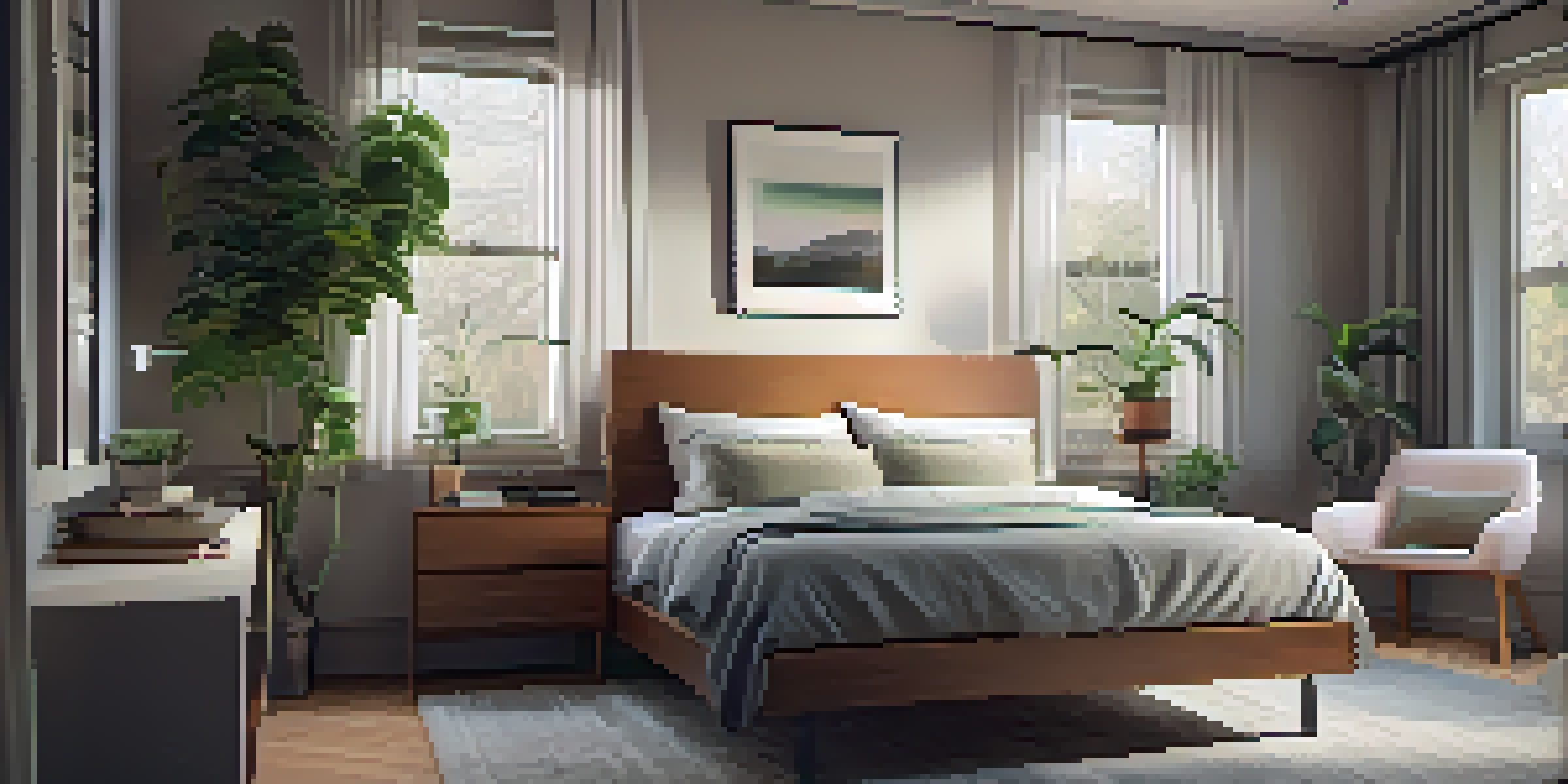 A peaceful bedroom with a comfortable bed, soft bedding, and calming colors, designed to promote better sleep.