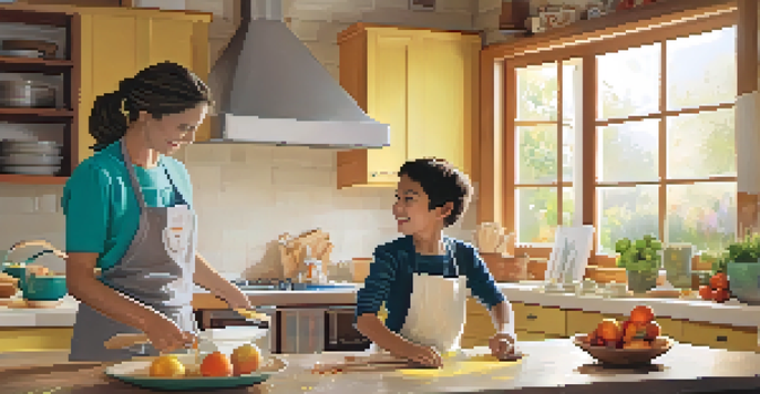 A parent and child cooking together in a bright kitchen, measuring flour and smiling while surrounded by fresh ingredients.
