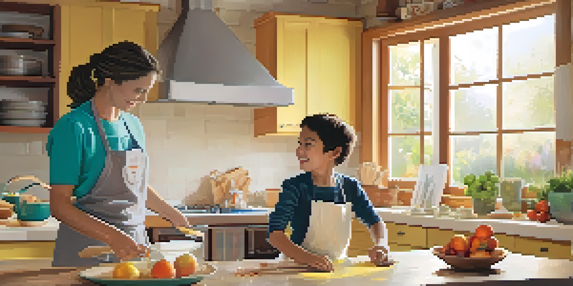 A parent and child cooking together in a bright kitchen, measuring flour and smiling while surrounded by fresh ingredients.