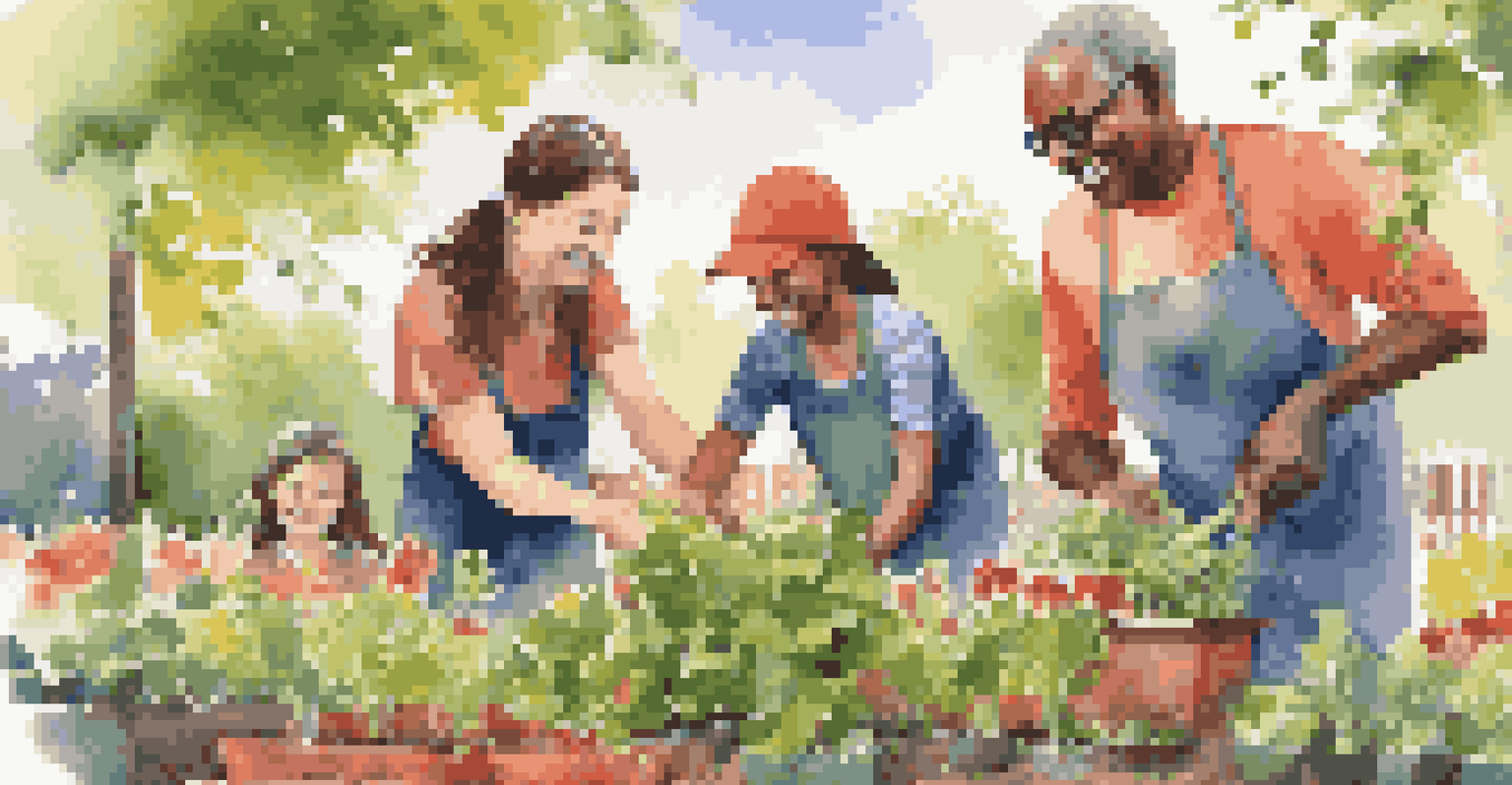 A family working together in a community garden, planting flowers and vegetables.