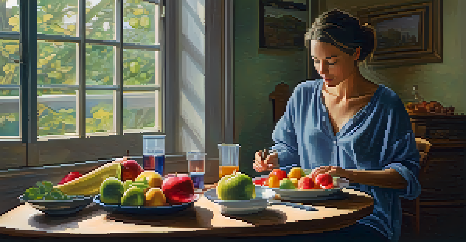 A person enjoying a mindful eating experience with fresh fruits on the table.