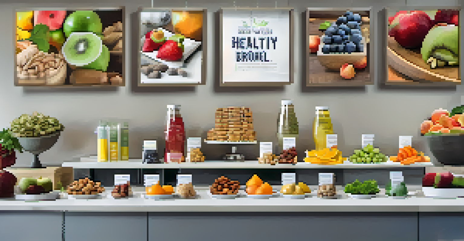 A break room filled with healthy snacks and drinks, with colorful fruits and motivational posters about wellness.
