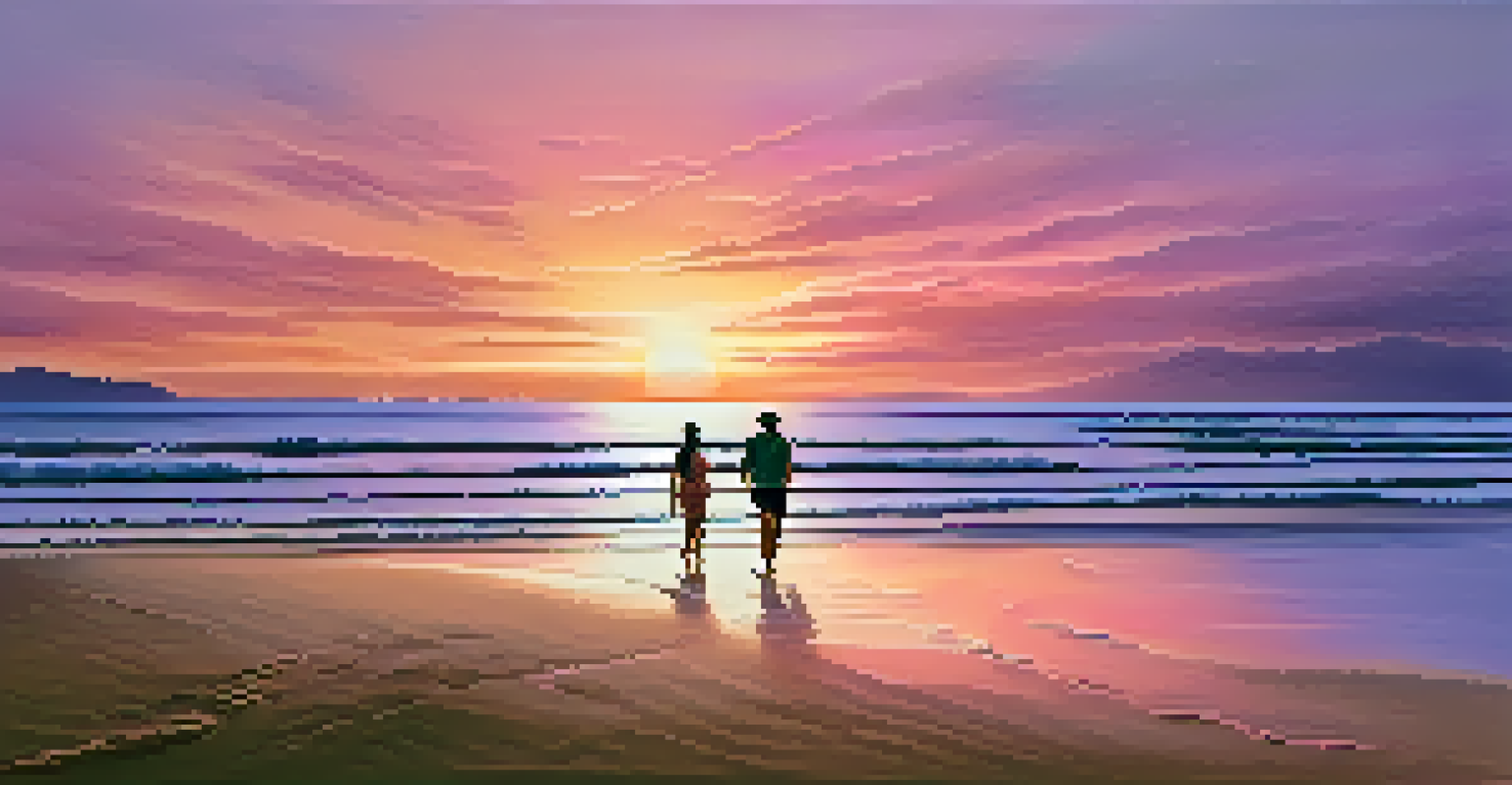 A peaceful beach at sunset with colorful skies, gentle waves, and silhouettes of people walking.