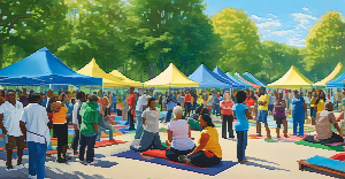 A community health fair in a park with diverse people engaging in health activities like yoga and nutrition workshops under colorful tents.
