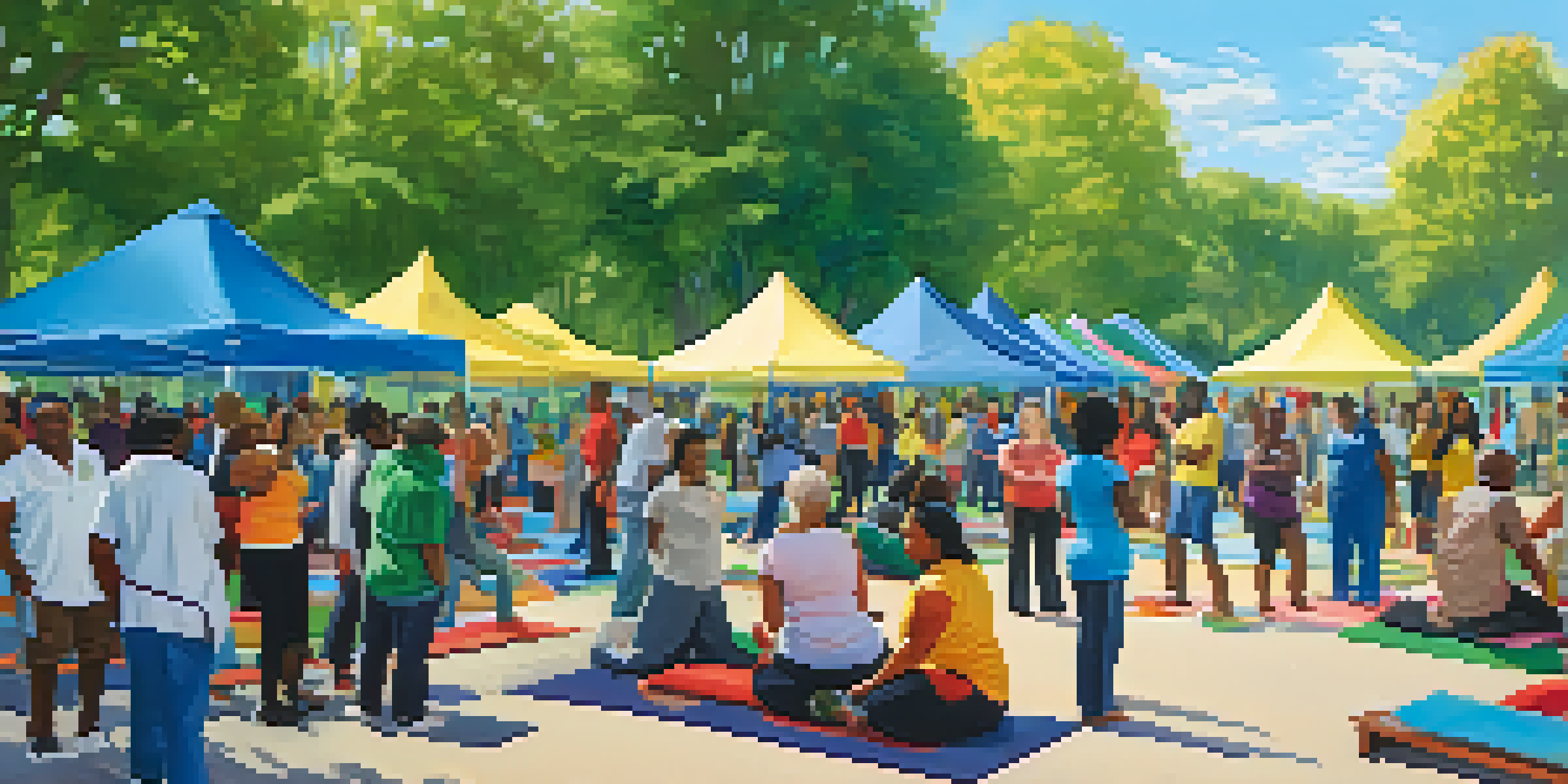 A community health fair in a park with diverse people engaging in health activities like yoga and nutrition workshops under colorful tents.