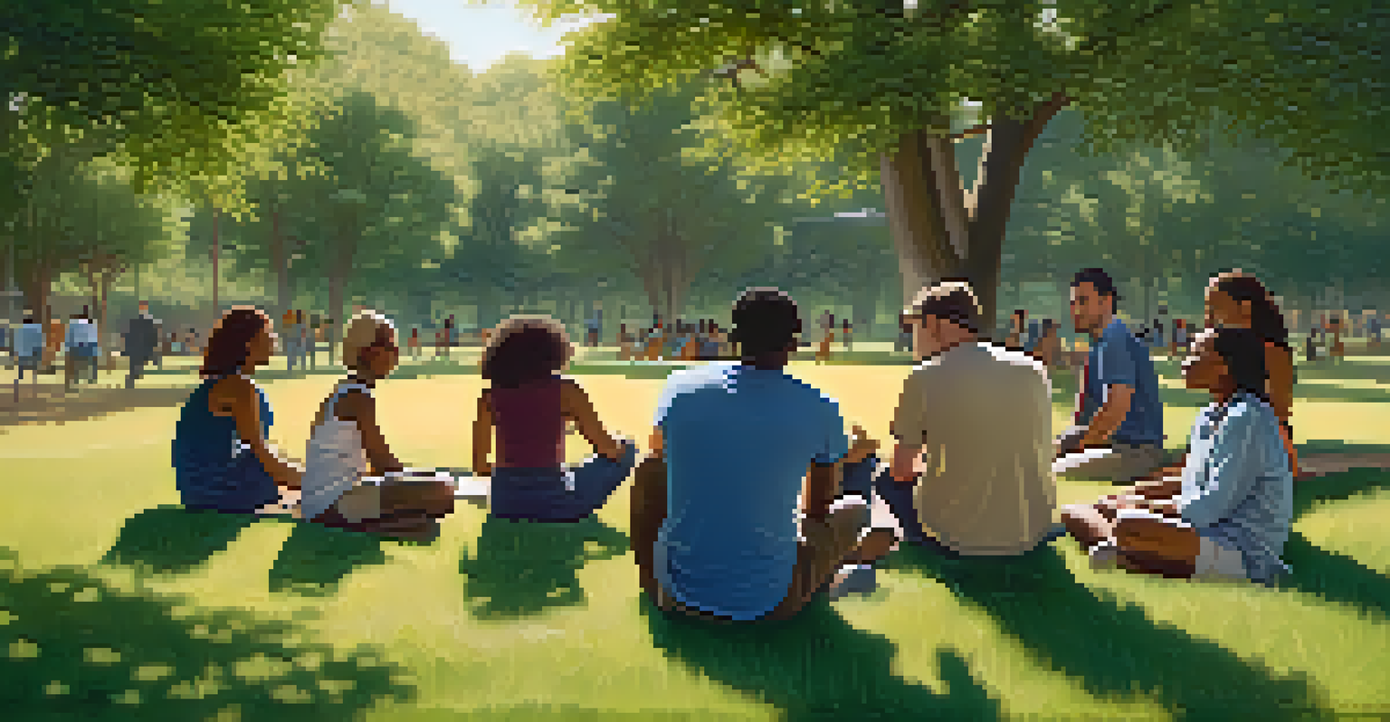 A diverse group of people in a park engaged in a deep conversation, displaying expressions of empathy and connection.