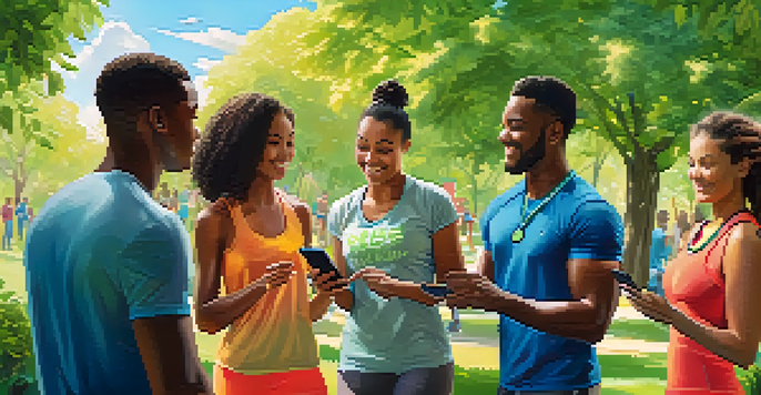 A diverse group of individuals in a park, celebrating their fitness achievements using a health app on their smartphones, with badges and points visible on the screens.