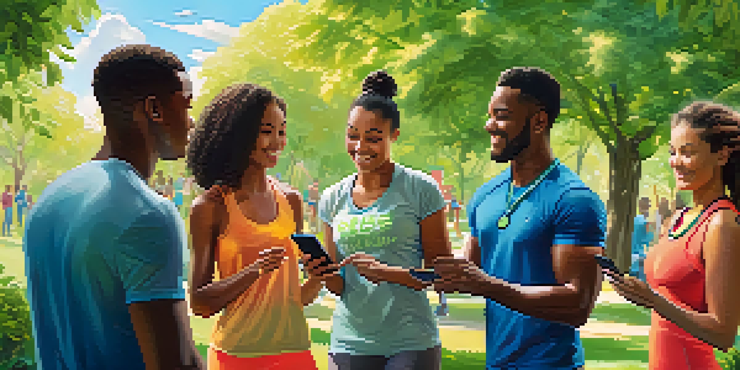 A diverse group of individuals in a park, celebrating their fitness achievements using a health app on their smartphones, with badges and points visible on the screens.