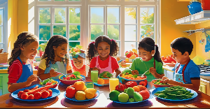 Children smiling and preparing a healthy meal in a colorful kitchen filled with fresh fruits and vegetables.