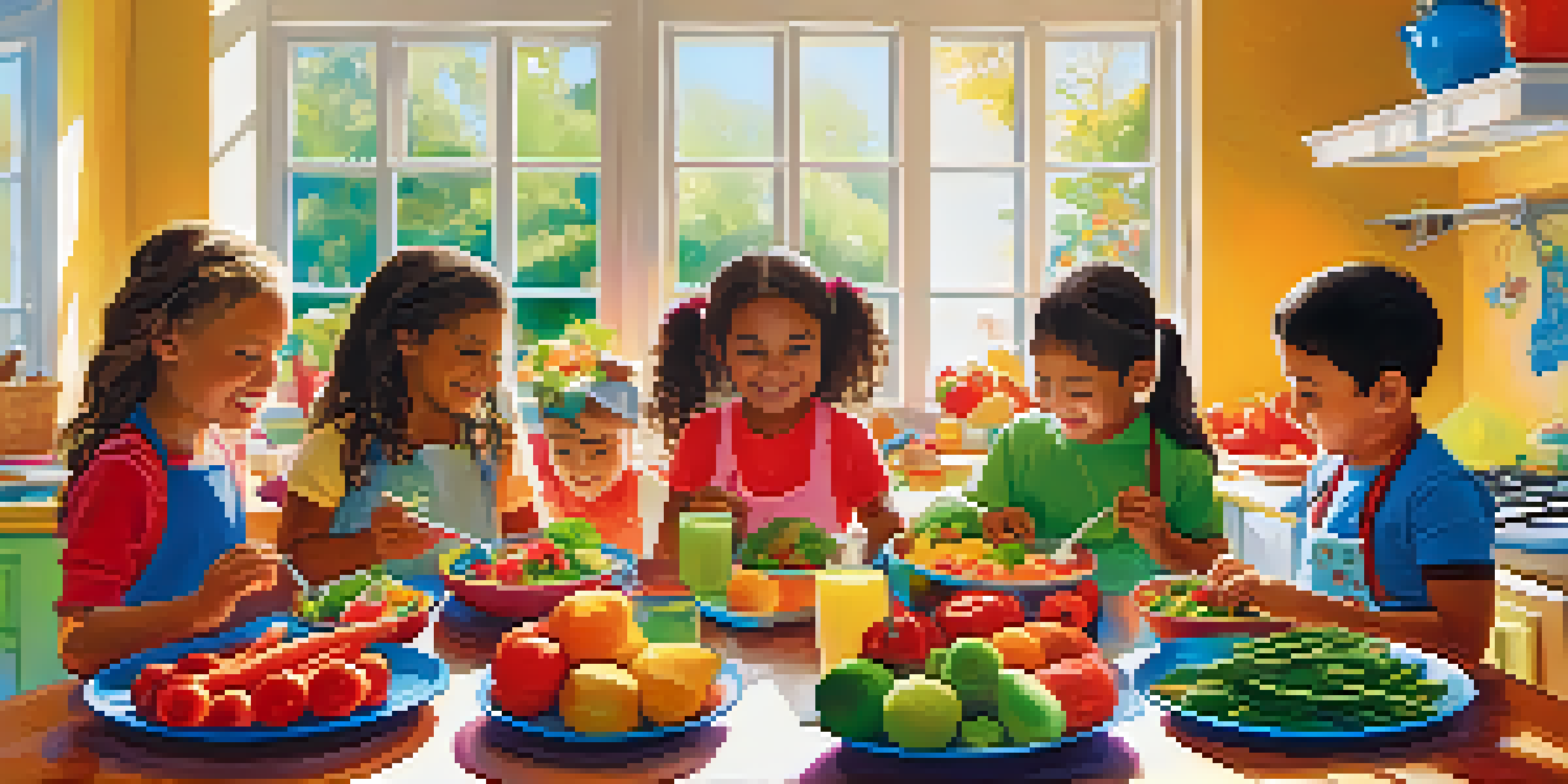 Children smiling and preparing a healthy meal in a colorful kitchen filled with fresh fruits and vegetables.