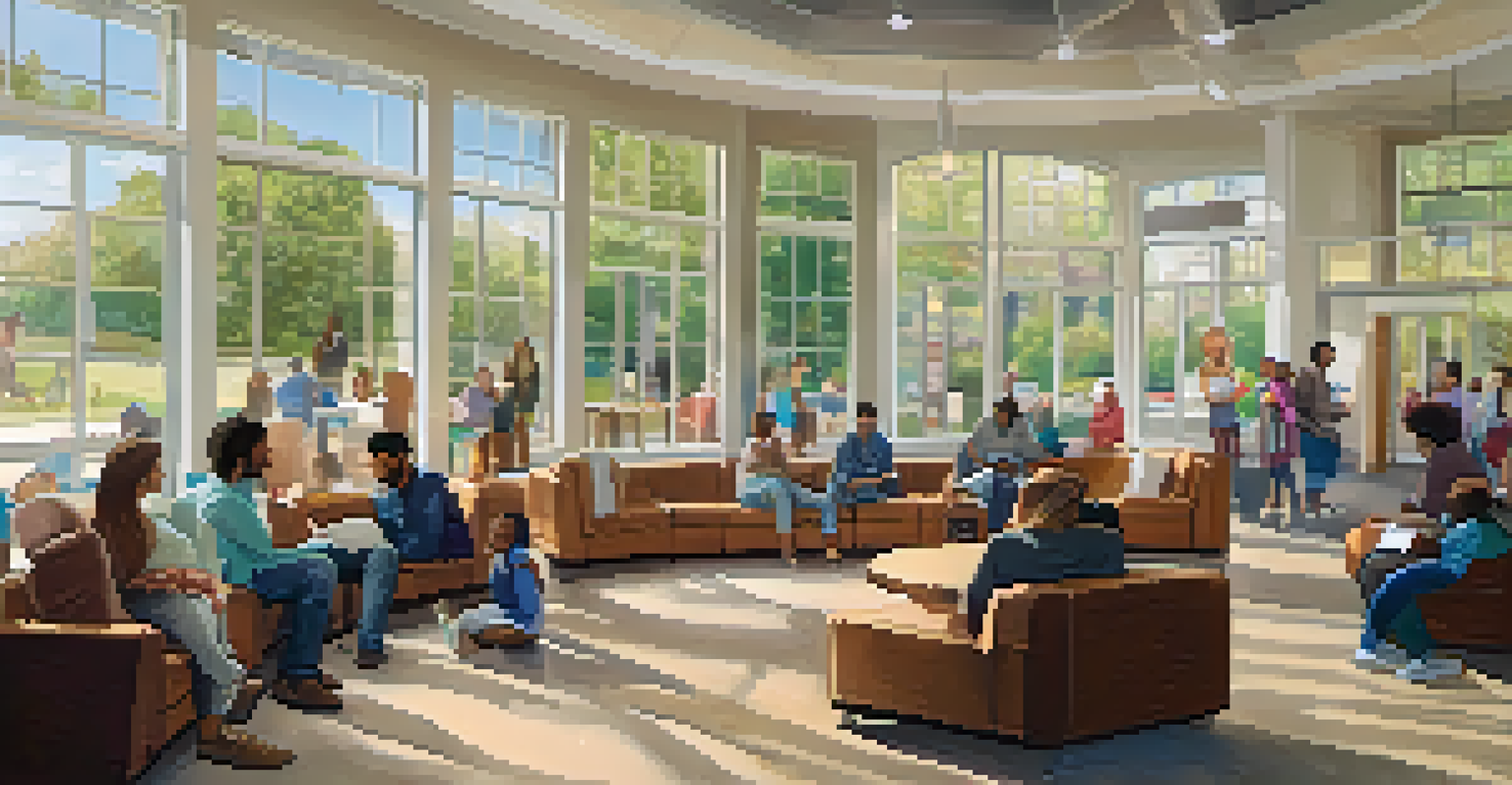 Inside a community center, people of different ages are engaging in conversation in a cozy, well-lit space with a bulletin board in the background.