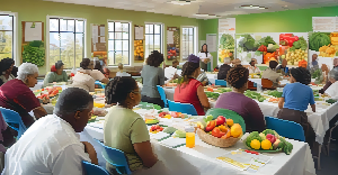 A diverse group of participants engaged in a health workshop, learning about nutrition with colorful food items around them in a bright room.