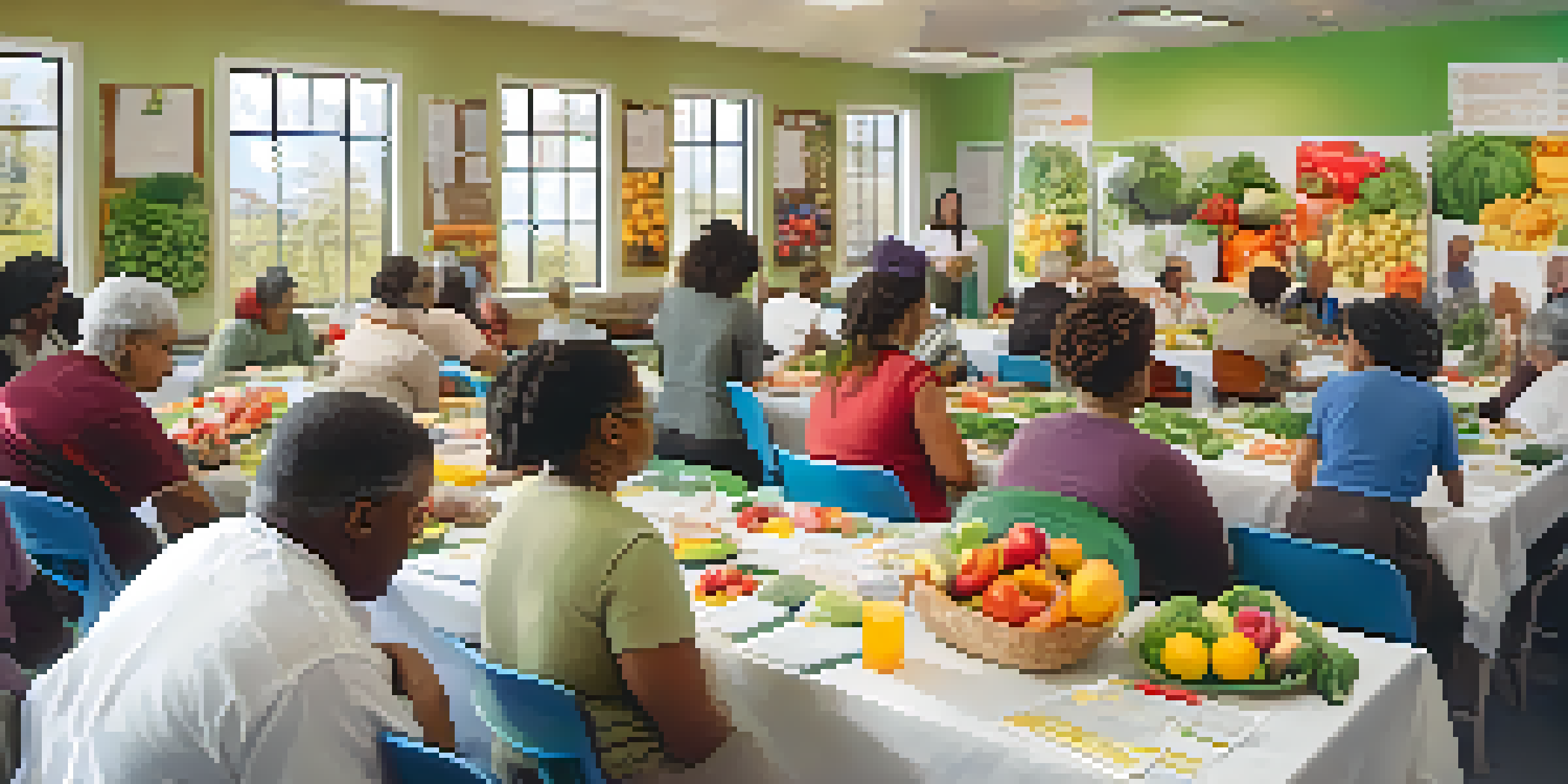 A diverse group of participants engaged in a health workshop, learning about nutrition with colorful food items around them in a bright room.