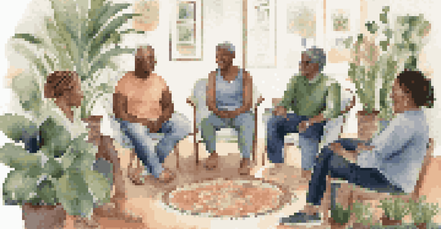 A diverse group of people engaged in a supportive discussion in a cozy room.