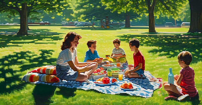 A family enjoying a picnic in a sunny park with food spread on a blanket and children playing in the background.