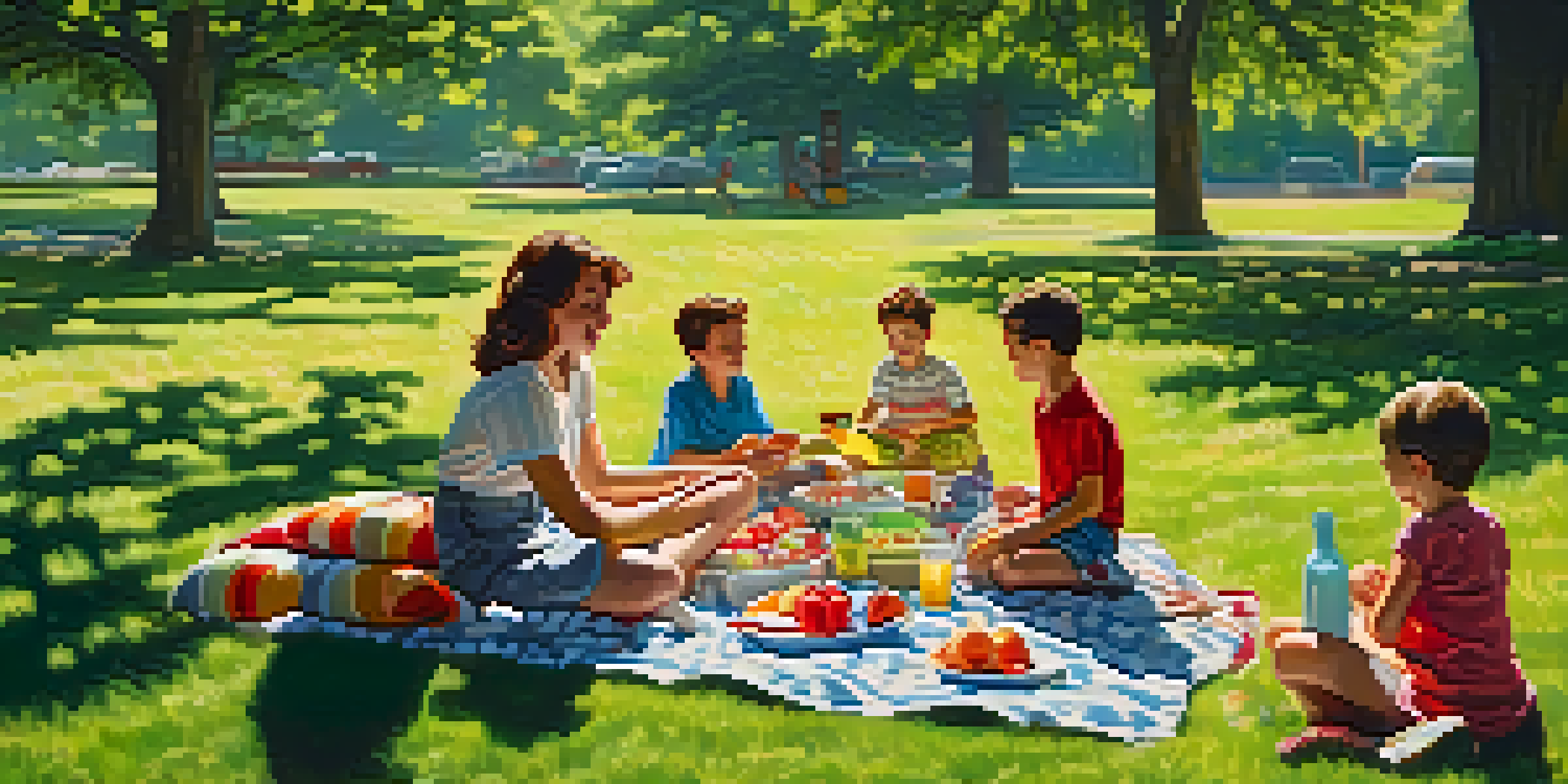 A family enjoying a picnic in a sunny park with food spread on a blanket and children playing in the background.