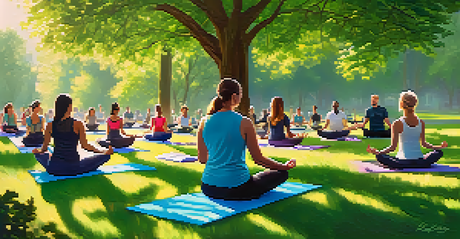 Employees engaged in an outdoor yoga session in a park for relaxation during work.