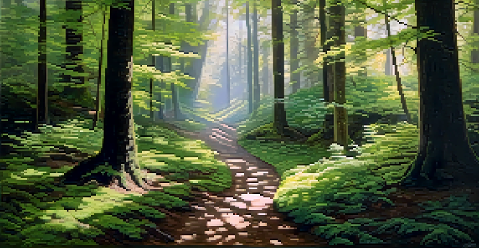 A peaceful forest with sunlight shining through the leaves and a winding path through the greenery.
