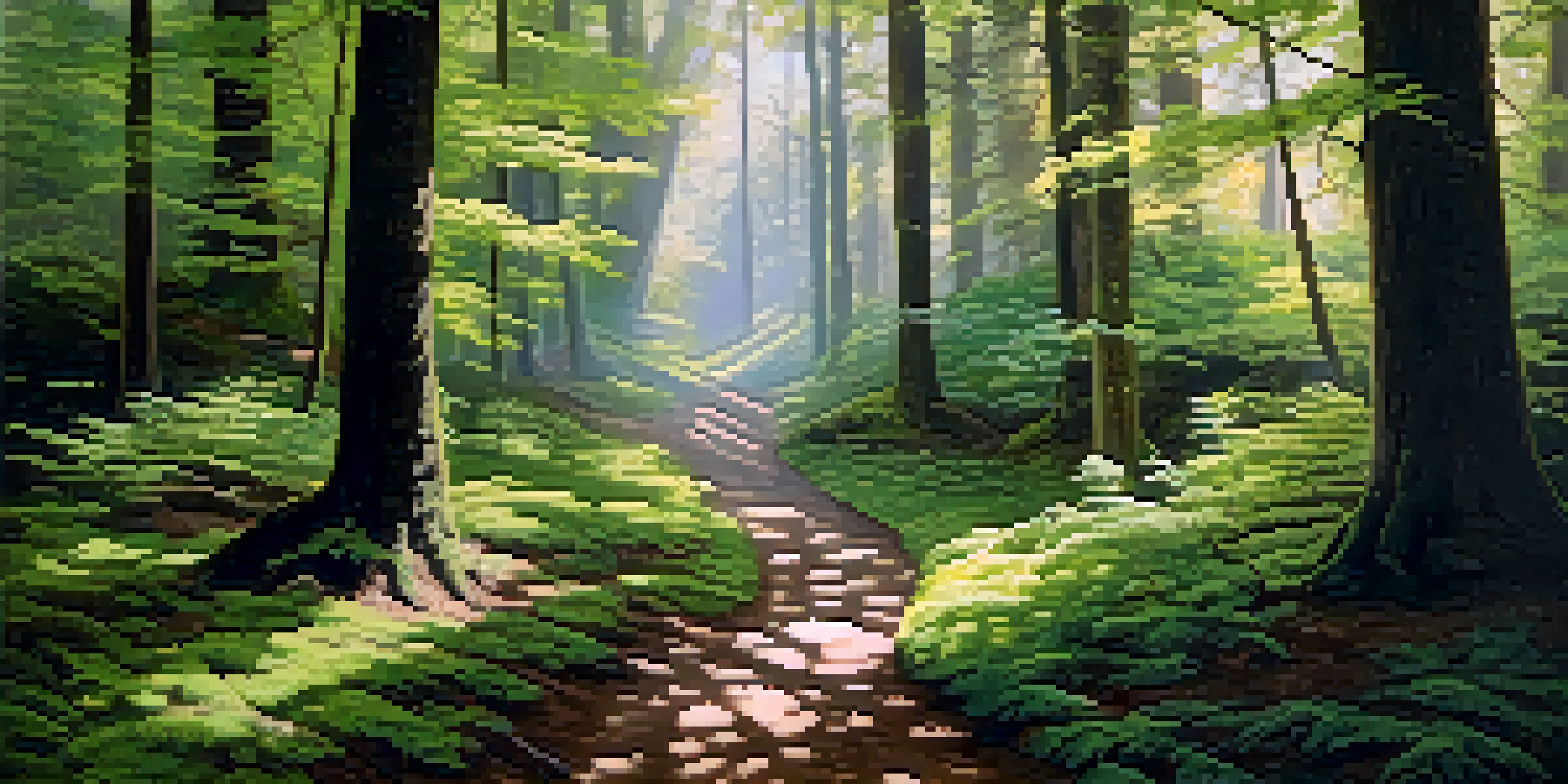 A peaceful forest with sunlight shining through the leaves and a winding path through the greenery.