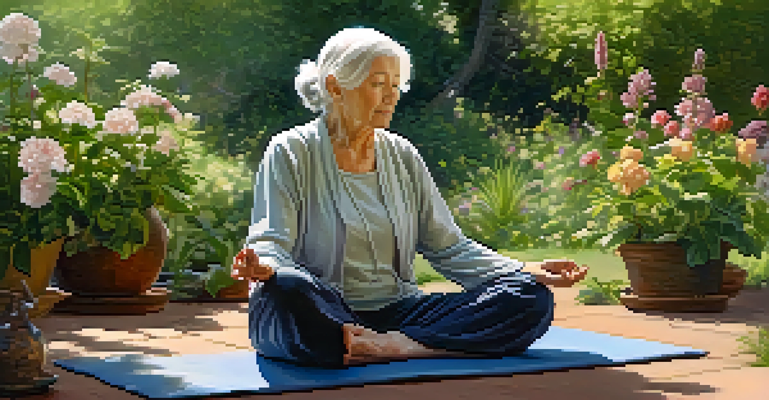 An elderly woman practicing mindfulness in a garden, sitting cross-legged on a yoga mat surrounded by flowers and greenery in soft morning light.