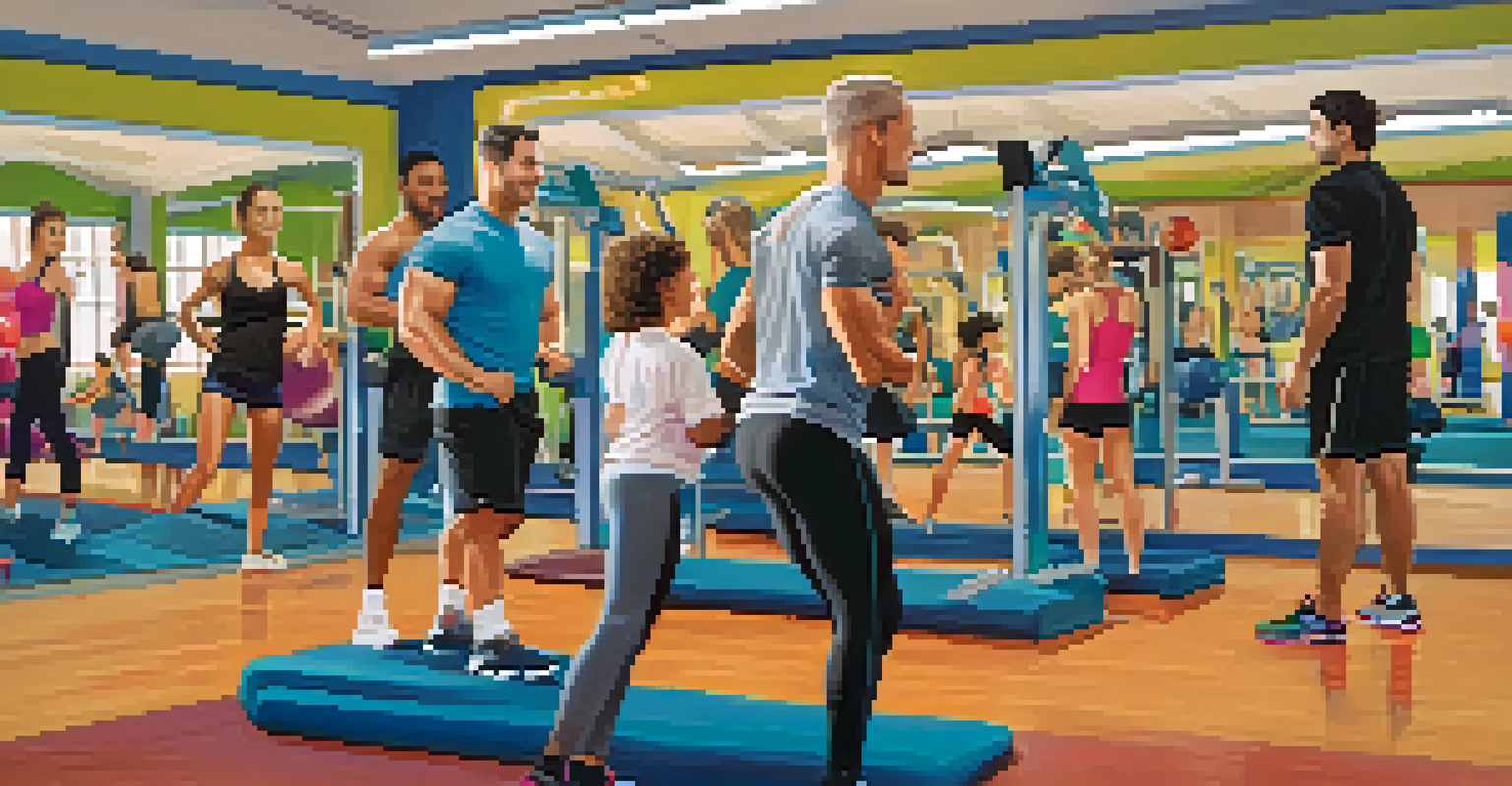 A personal trainer demonstrating warm-up exercises to clients in a brightly lit gym, with workout equipment and motivational posters in the background.