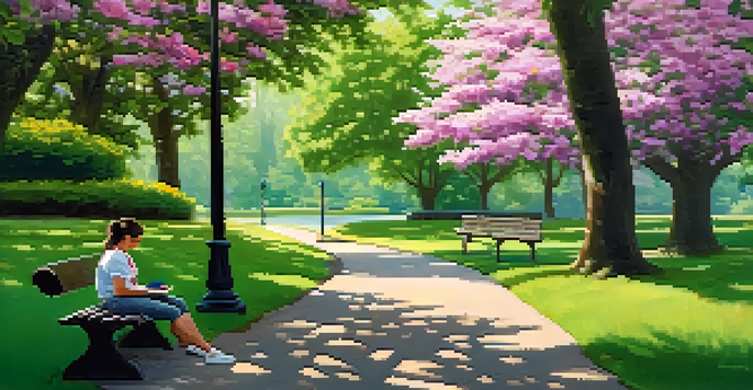 A person sitting on a bench in a park, journaling amidst lush greenery and blooming flowers under soft sunlight.
