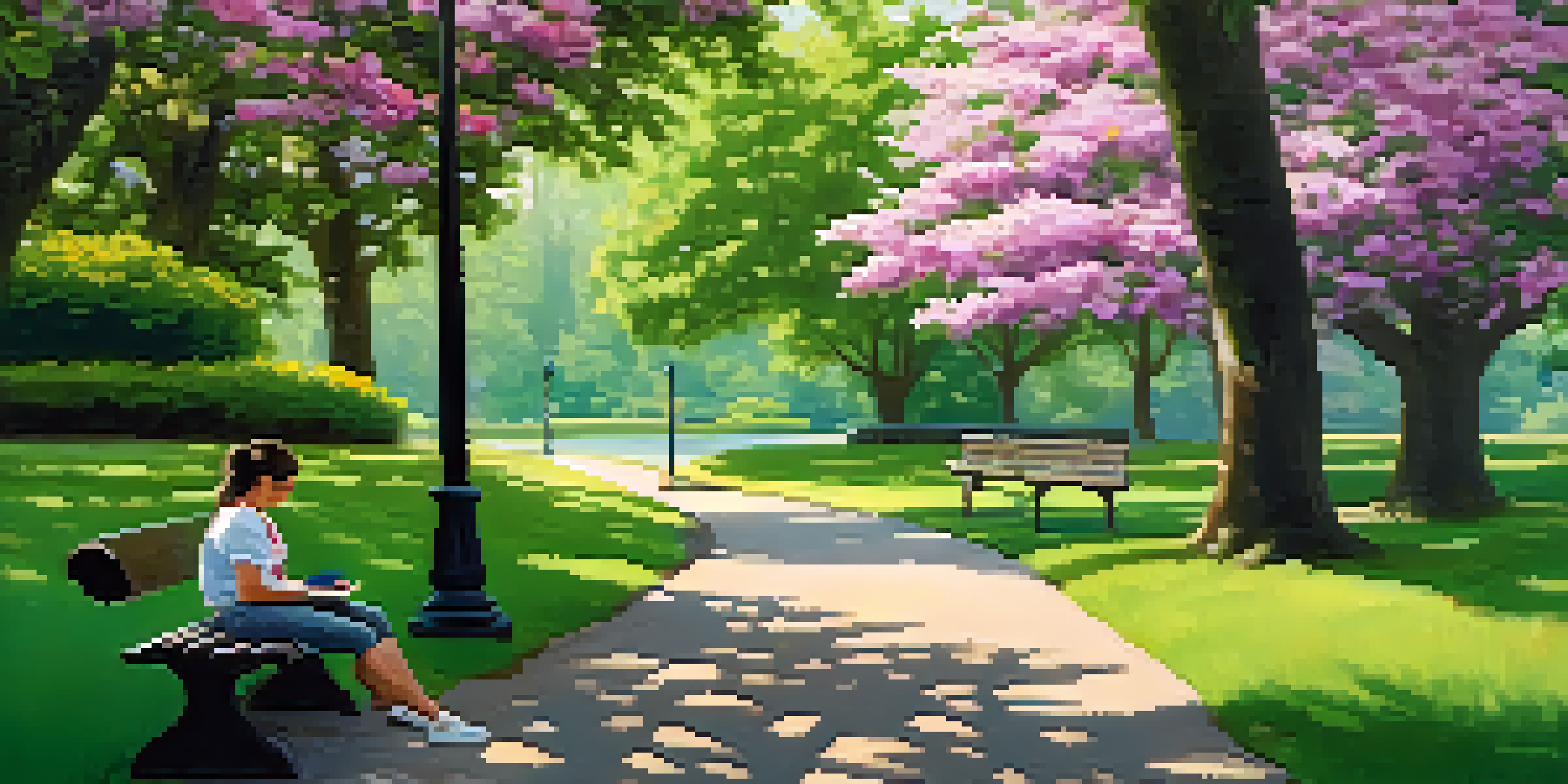 A person sitting on a bench in a park, journaling amidst lush greenery and blooming flowers under soft sunlight.