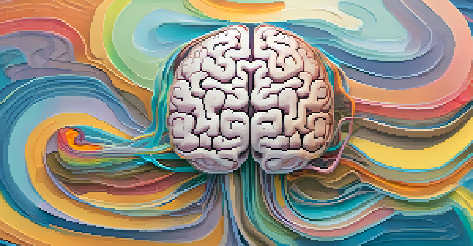 An artistic depiction of the gut-brain connection with a brain and gut intertwined by colorful lines against an abstract background.