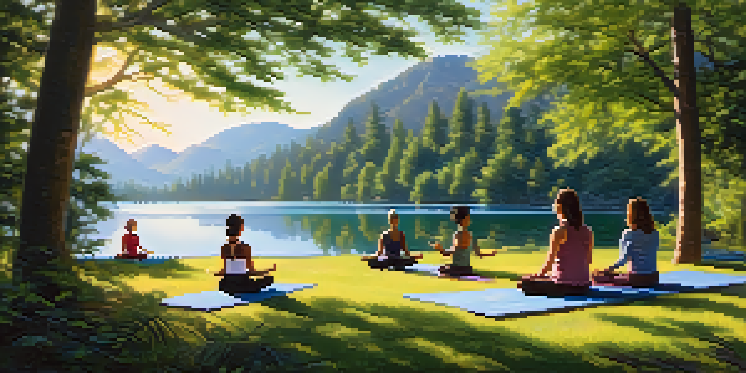 Participants meditating by a tranquil lake surrounded by green trees and mountains, with sunlight filtering through the leaves.