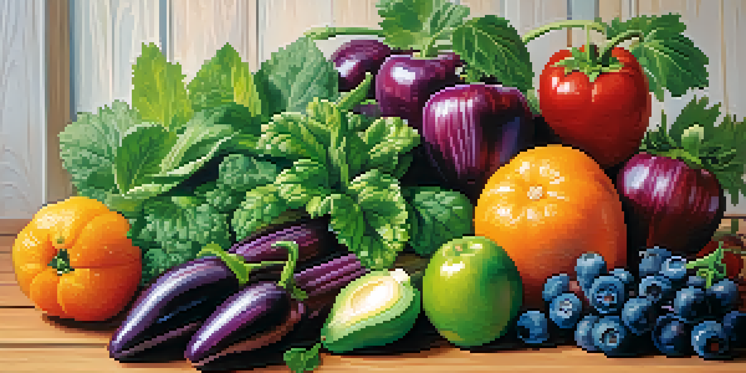 A colorful arrangement of fresh fruits and vegetables on a wooden table, illuminated by natural light.