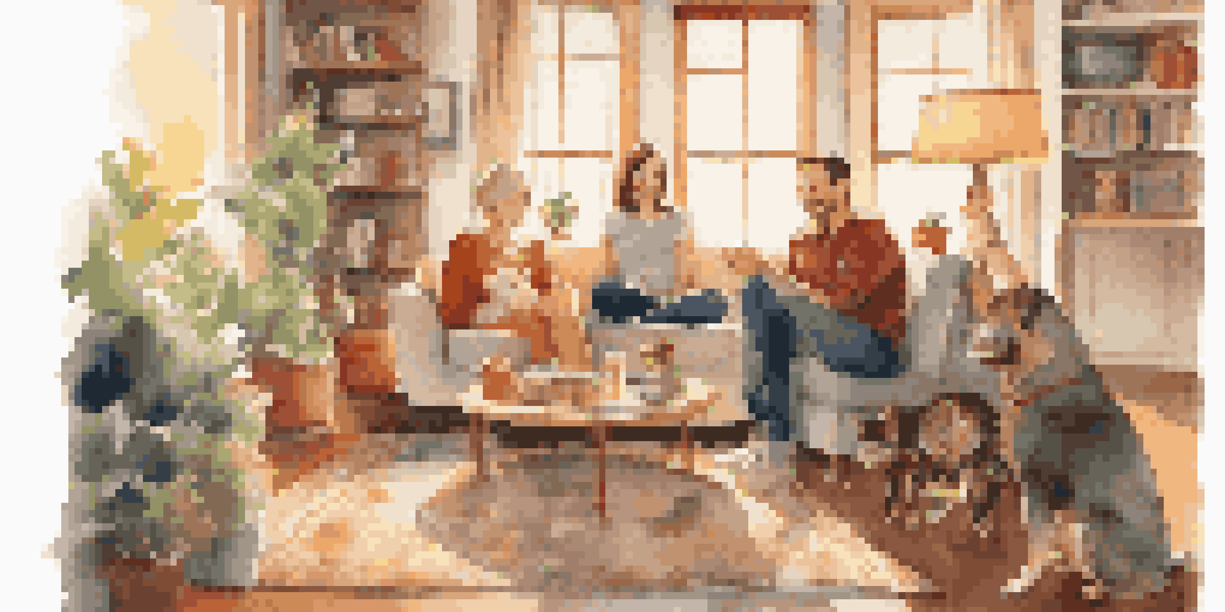 A couple sits on a sofa in a cozy living room with a dog and a cat, smiling and talking together, creating a warm and inviting atmosphere.