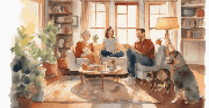 A couple sits on a sofa in a cozy living room with a dog and a cat, smiling and talking together, creating a warm and inviting atmosphere.