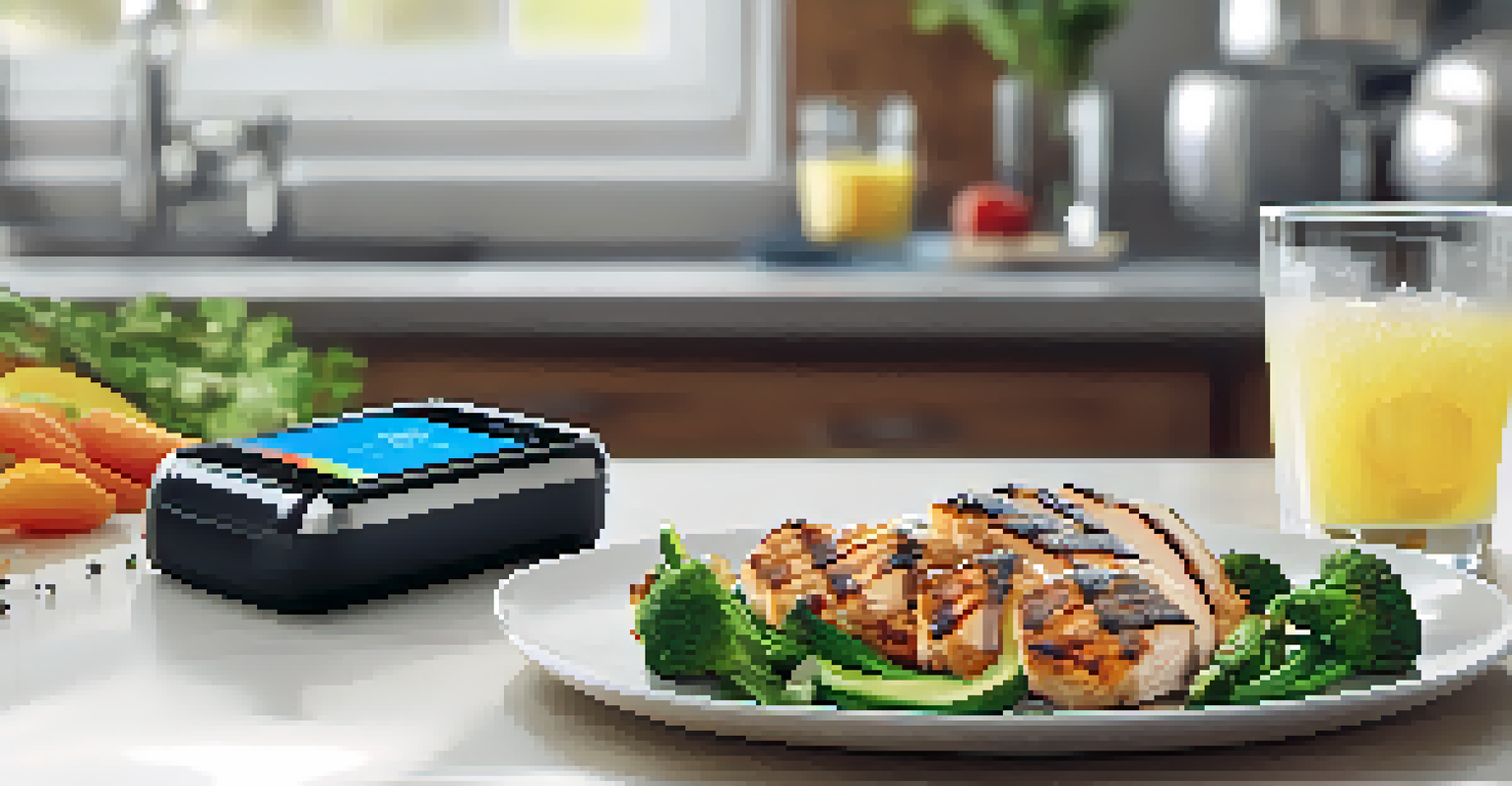 A close-up of a fitness tracker beside a healthy meal prep, featuring grilled chicken, vegetables, and quinoa on a kitchen countertop.