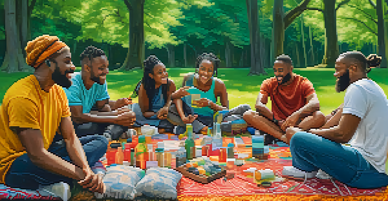 A diverse group of people sharing experiences in a park, surrounded by nature and smiles.