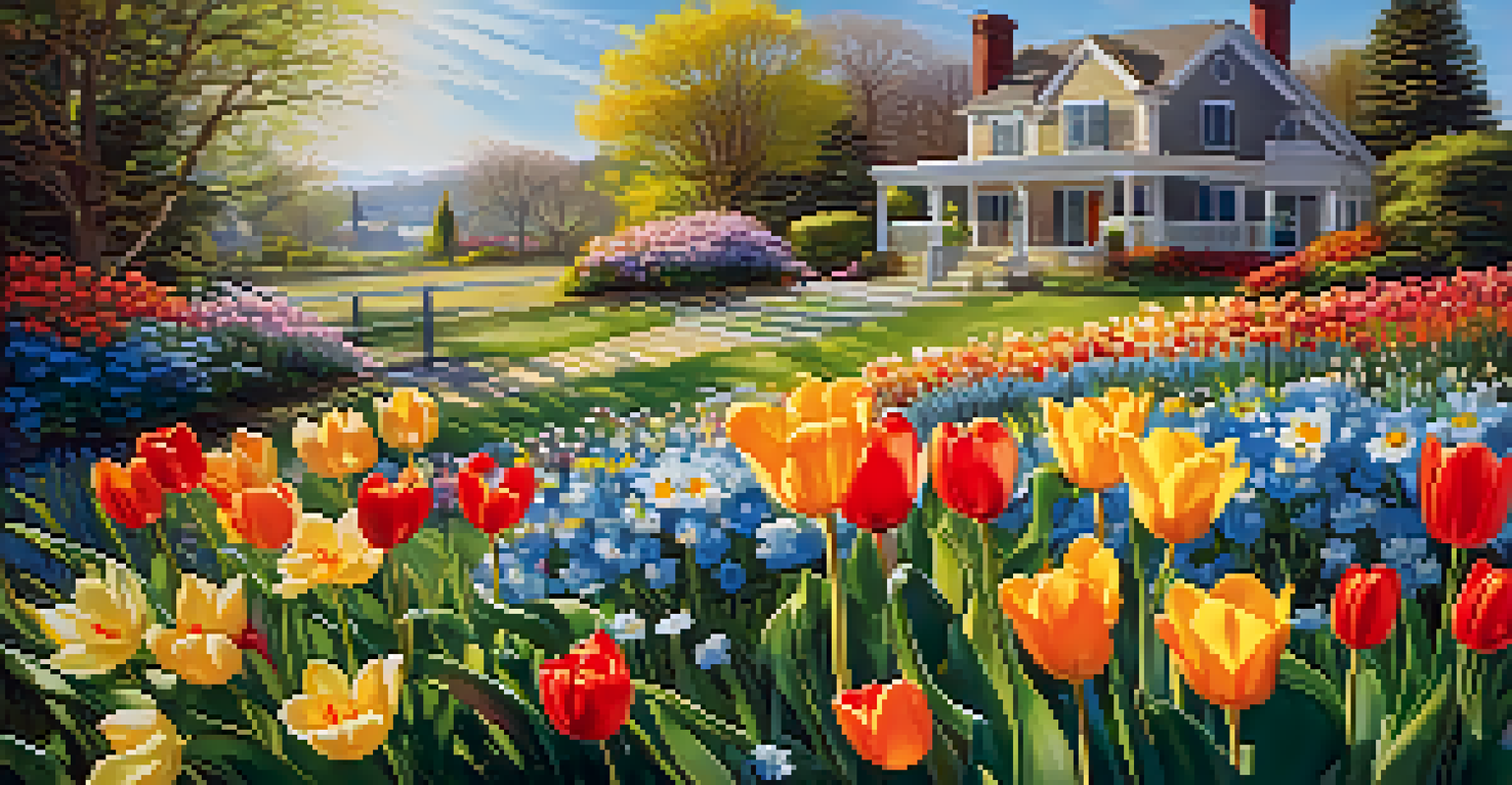 A colorful spring garden with blooming flowers and a butterfly under a bright blue sky.