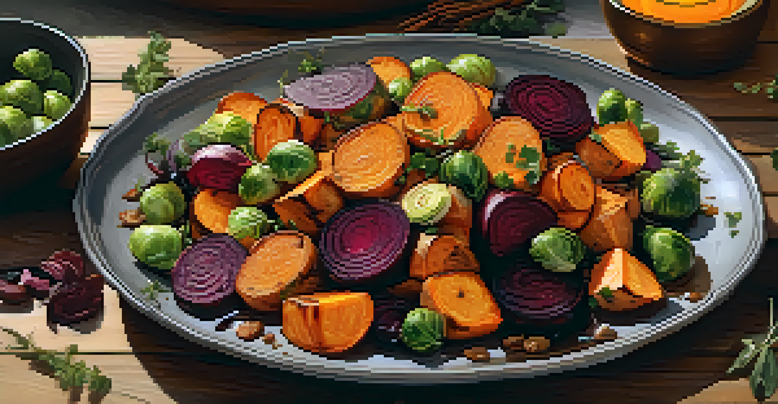 A colorful roasted vegetable platter on a wooden table, featuring sweet potatoes, beets, and Brussels sprouts with herbs and candlelight.