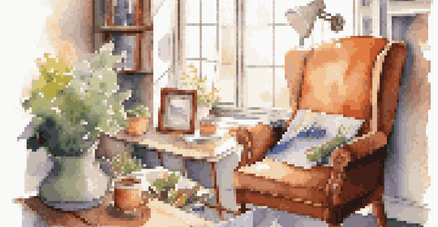 A cozy self-care corner with an armchair, herbal tea, an open journal, and art supplies in a bright room.
