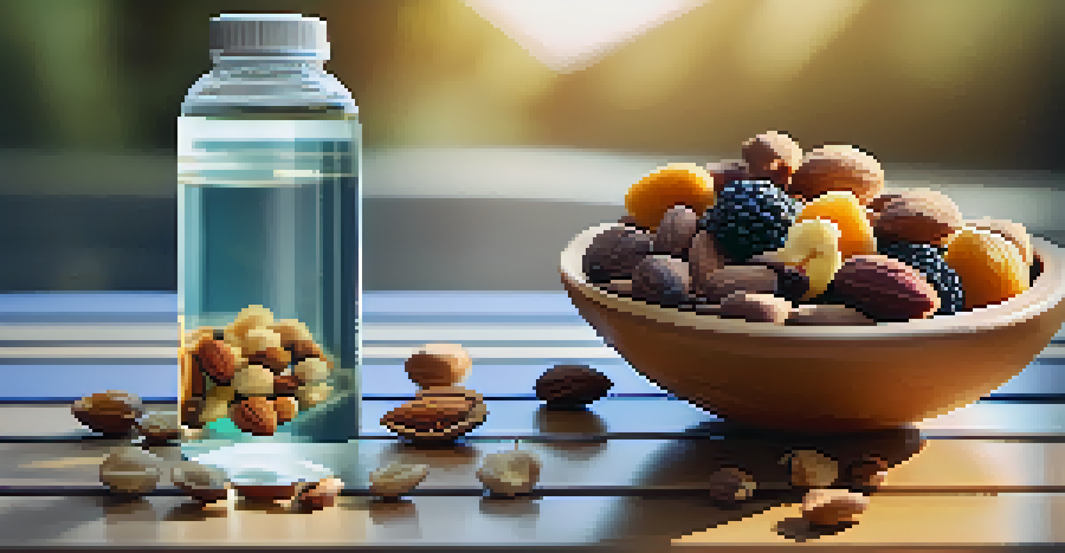 A water bottle and a bowl of nuts and dried fruits on a gym bench, with exercise equipment in the background.