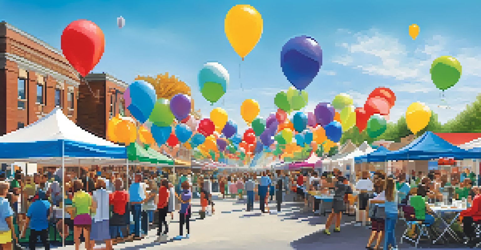An outdoor health fair with booths providing health resources, attended by diverse community members under a blue sky.