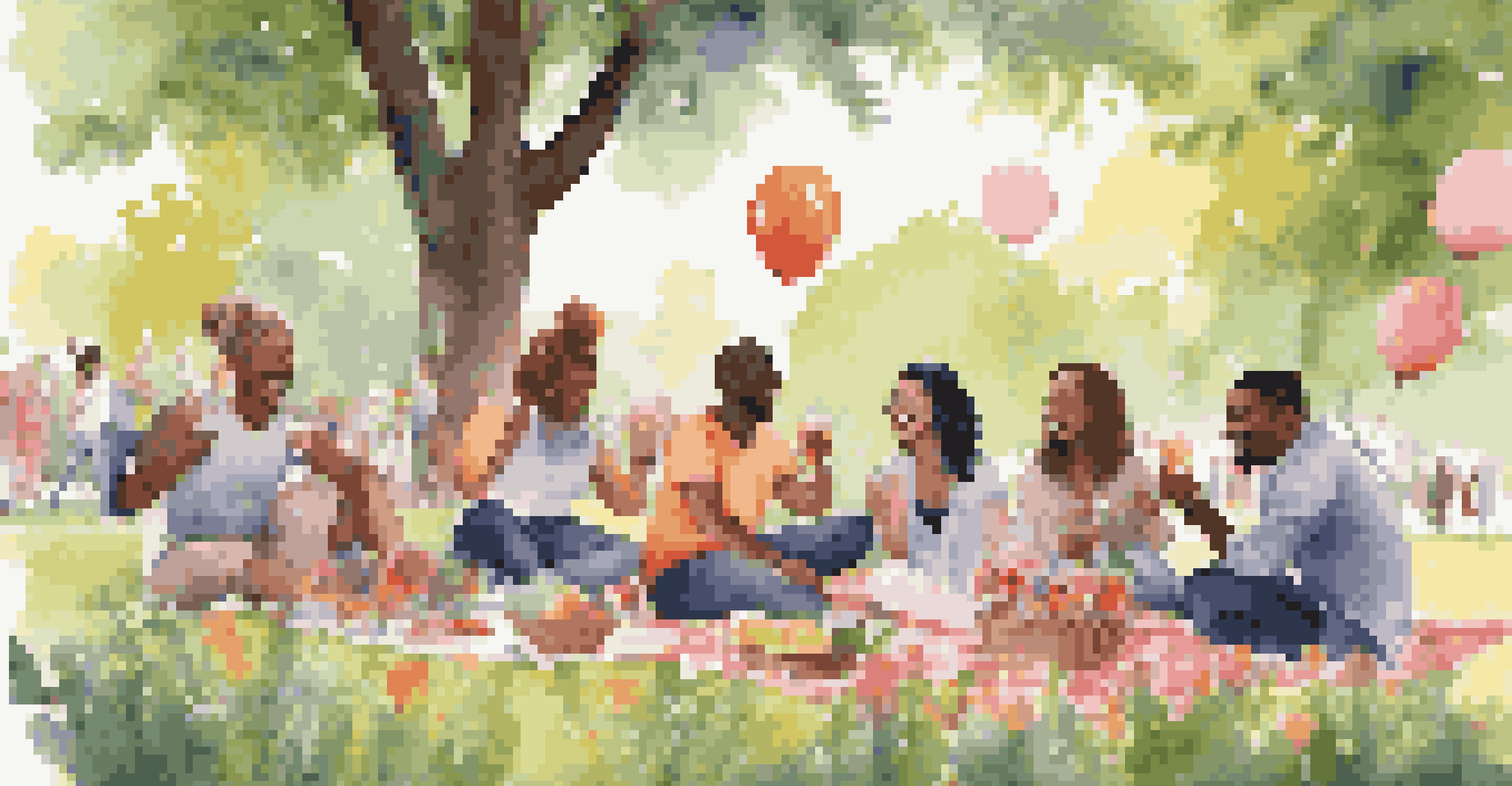 A group of friends celebrating in a park with laughter, surrounded by flowers and a picnic setup.