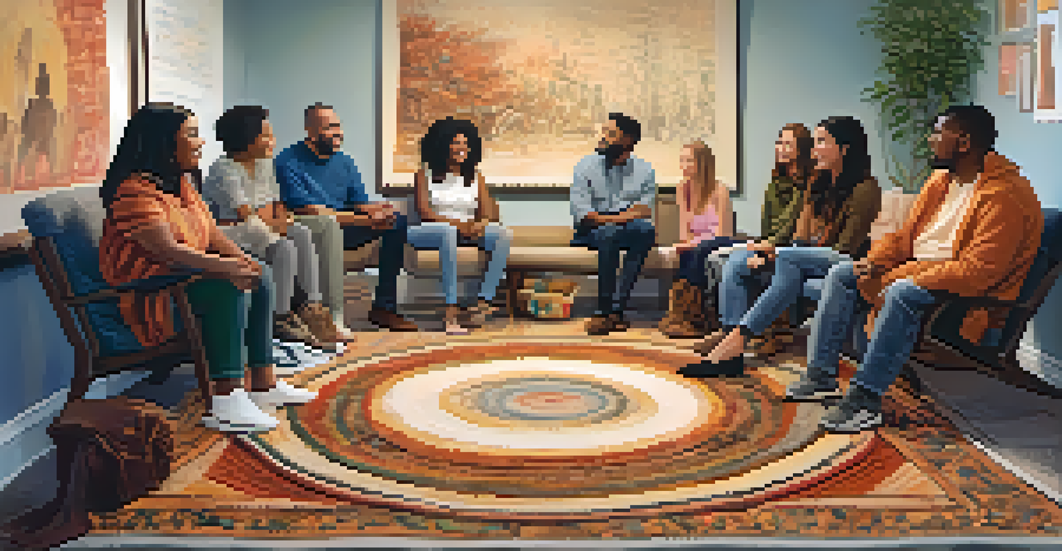 A diverse group of people sitting in a circle during a support group session, sharing and listening to each other.