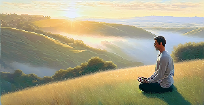 A man practicing yoga on a hill at sunrise with mist in the valley.