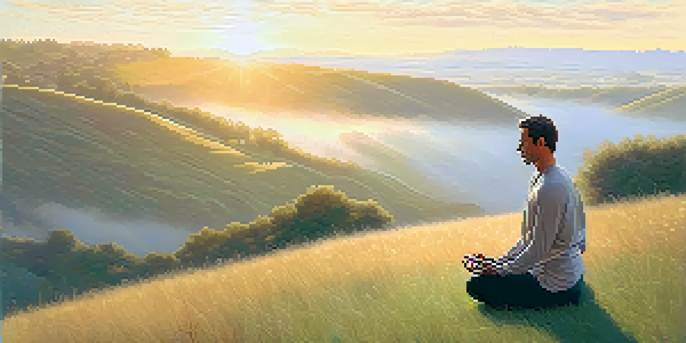 A man practicing yoga on a hill at sunrise with mist in the valley.